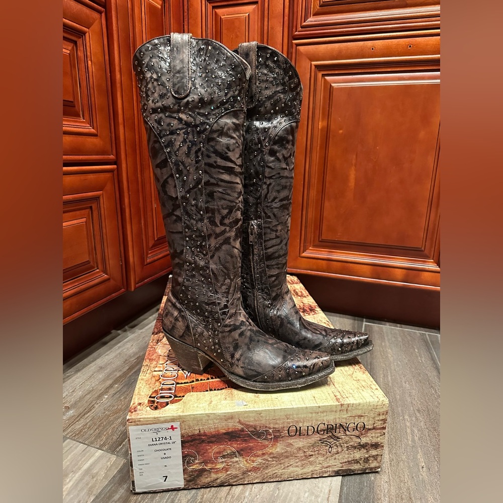 Old Gringo Boots Diana Crystal Chocolate Brown Tall Cowboy Boots Size 7 RARE